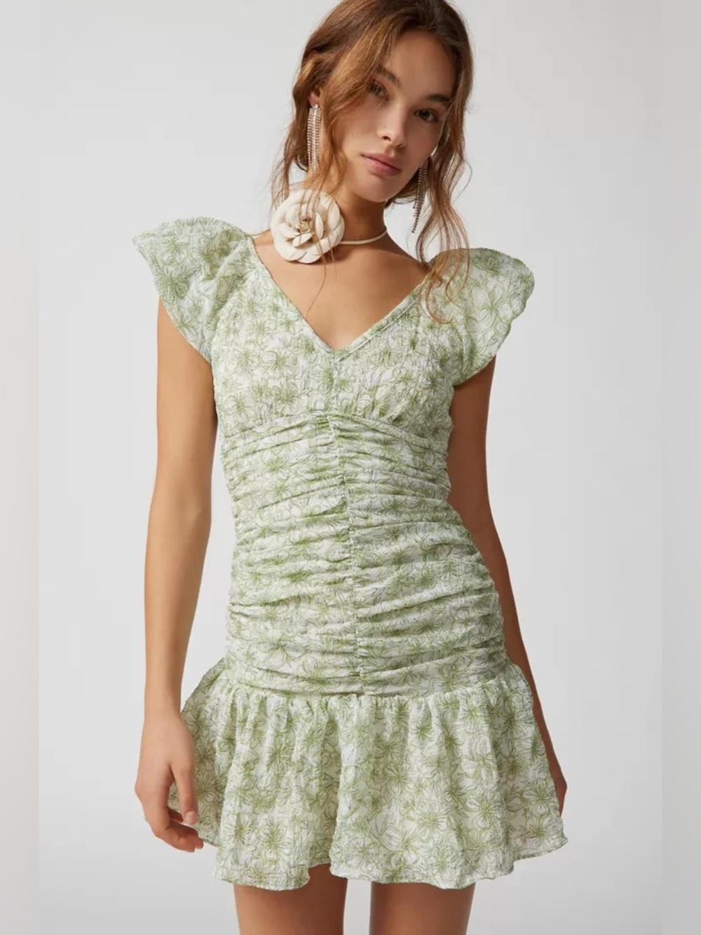 En Saison Monique Ruched Floral Mini Dress in Olive Size Small